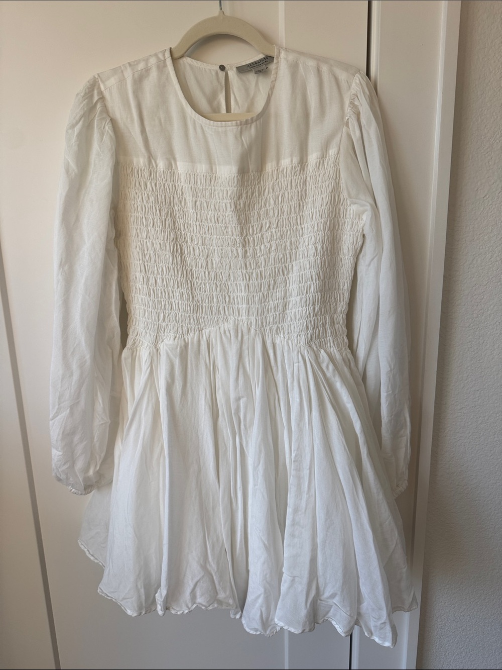 AllSaints White Smocked Long-Sleeve Mini Dress